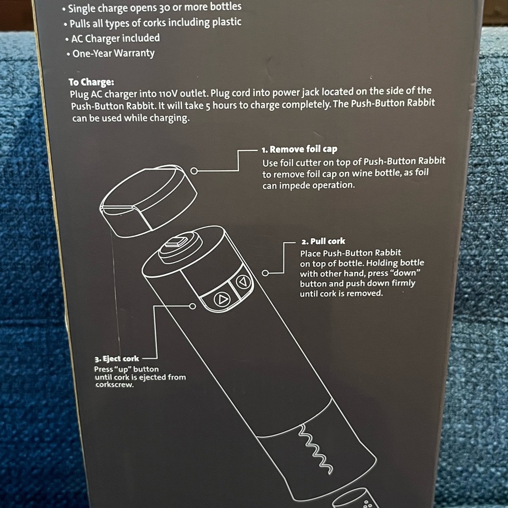 New In Box Push-Button Rabbit Electric Corkscrew With Built-In Foil Cutter. - Picture 2 of 7